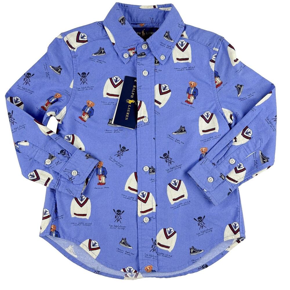 Ralph Lauren Icon Print Oxford Shirt NWT Boys 3T Blue Polo Bear Preppy Cotton